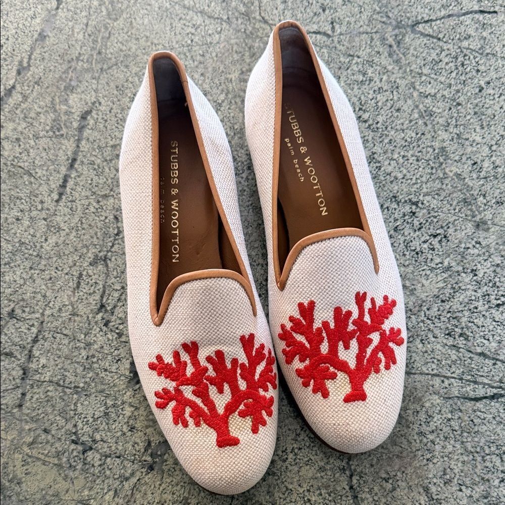 Stubbs & Wootton Coral Embroidered White Loafers